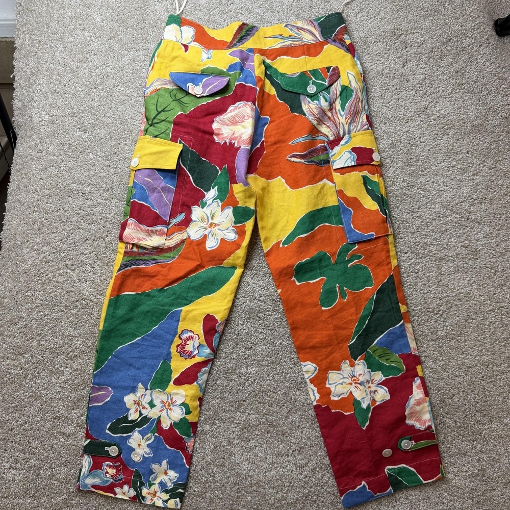Ralph Lauren Collection Cargo Pants Womens 8 Linen Floral Hawaiian Purple Label - Picture 5 of 11